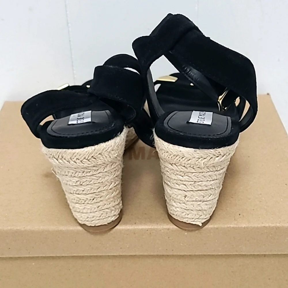 Steve Madden Sunty Studded Suede Wedge Espadrilles Sandals Black Size 9.…